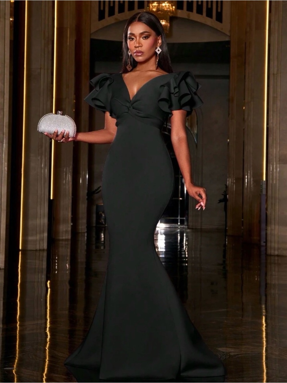 Black Ruffle-Sleeve Mermaid Maxi Dress - Women's Evening Gown